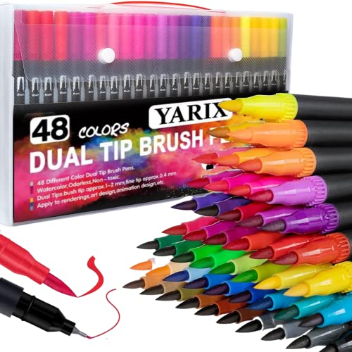 YARIX Dual Tip Brush Pens – Colouring Pens Set of 48 Coloured Pens, Felt Tip Pens – Art Supplies for Kids & Adult Colouring Books – Watercolour Art Markers for Drawing, Sketching, & Calligraphy