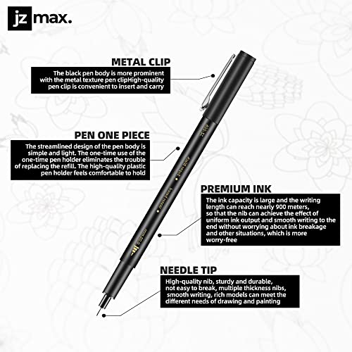JZMAX Black Fineliner Pens Set Art Supplies - 12 Pack Fineliners Technical Drawing Pens- Microliner Art Pens for Artist, Brush Pens for Handwriting, Calligraphy, Sketching, Illustrations, Drawing