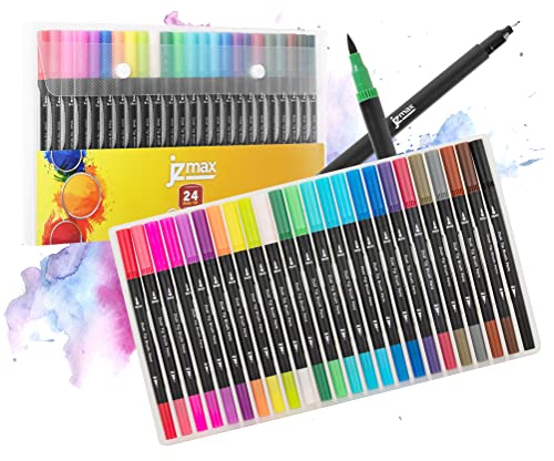 JZMAX Dual Tip Brush Pens Art Supplies Colouring Pens Set- Coloured Pens, Felt Tip Pens- Art Pens for Kids and Adult Colouring Books- Fine Tip for Drawing, Brush Tips for Calligraphy (24)