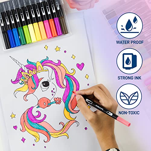 OCTUNAIL Dual Tip Brush Pens Pack of 12 – Colouring Pens for Drawing, Sketching, Calligraphy, Painting, Journaling – Art Supplies Felt Tip Pens for Kids, Adults, Beginners & Artists