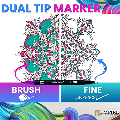 Empire 24 Dual Tip Colouring Pens with 15 Patterns Book, Felt Tip Pens, Fineliner Drwaing Brush Pens for Adults & Kids Coloured Pens Felt Tips - Art Supplies Drawing Pens for Calligraphy Painting