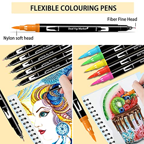 Efimeso 160 Colour Felt Tip Pens, Dual Tip Brush Marker,Colouring Pens Fineliners Art Supplies for Drawing Sketching Colouring Book
