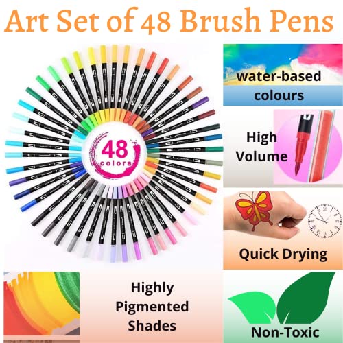 YARIX Dual Tip Brush Pens – Colouring Pens Set of 48 Coloured Pens, Felt Tip Pens – Art Supplies for Kids & Adult Colouring Books – Watercolour Art Markers for Drawing, Sketching, & Calligraphy