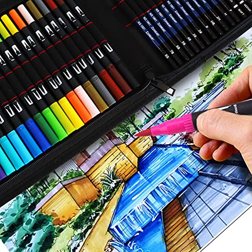 TVGO Fineliner Pens, 24 Dual Tip Brush Pens, 12 Sketching Pencils and Drawing Art Set Attached Painting Book for Children and Adults Colouring, Sketching, Painting