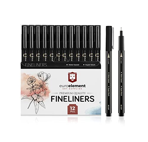 EuroElement Black Fineliner Pens Set Art Supplies 12 Pack Technical Microliner Drawing Pens for Artist, Brush Pens for Handwriting, Calligraphy, Sketching, Illustrations, Drawing