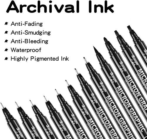 kingkindsun Set of 12 Micro Pens, Fine Point, Fineliner Ink Pens, Pigment Pen, Technical Drawing pen, Black, Waterproof, for Art Watercolor, Sketching, Anime, Manga, Scrapbooking