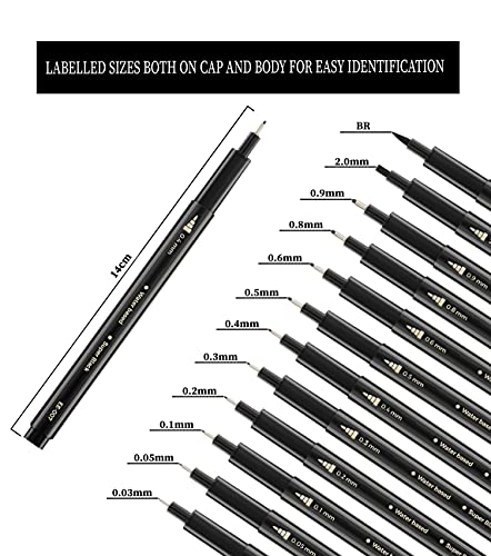 EuroElement Black Fineliner Pens Set Art Supplies 12 Pack Technical Microliner Drawing Pens for Artist, Brush Pens for Handwriting, Calligraphy, Sketching, Illustrations, Drawing