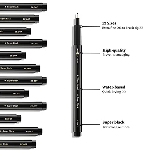 EuroElement Black Fineliner Pens Set Art Supplies 12 Pack Technical Microliner Drawing Pens for Artist, Brush Pens for Handwriting, Calligraphy, Sketching, Illustrations, Drawing
