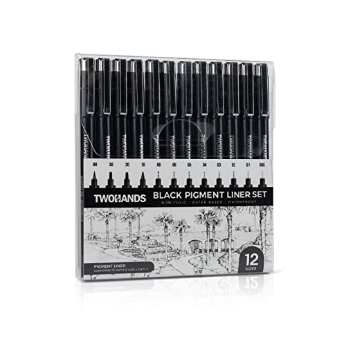 TWOHANDS Set of 12 Micro Pens, Fine Point, Fineliner Ink Pens, Pigment Pen,Technical Drawing pen, Black,Waterproof,for Art Watercolor,Sketching,Anime,Manga,Scrapbooking 20413