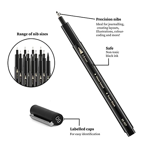 EuroElement Black Fineliner Pens Set Art Supplies 12 Pack Technical Microliner Drawing Pens for Artist, Brush Pens for Handwriting, Calligraphy, Sketching, Illustrations, Drawing