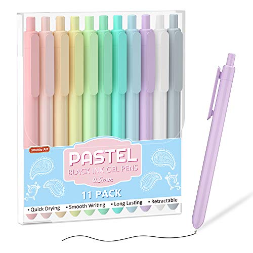 Shuttle Art Retractable Pastel Gel Ink Pens, 11 Pack Black Ink Pens, Cute Pens 0.5mm Fine Point for Writing Journaling Taking Notes School Office Home