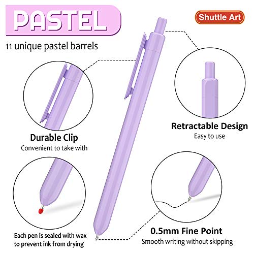 Shuttle Art Retractable Pastel Gel Ink Pens, 11 Pack Black Ink Pens, Cute Pens 0.5mm Fine Point for Writing Journaling Taking Notes School Office Home