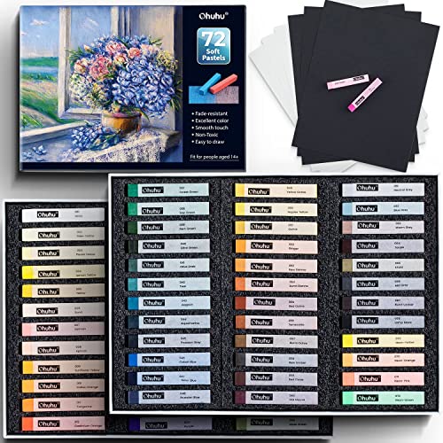 Soft Pastel Set 72 Colours: Ohuhu Chalk Pastels Including 4 Fluorescent Effects & 6 Pastel Paper - Excellent Drawing Painting Blending Layering Shading Non Toxic for Artists Students Beginners