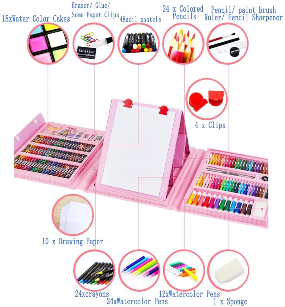 XDISHYN 208 PCS Art Supplies, Drawing Kit for Kids Adults Art Set with Double Sided Trifold Easel, Oil Pastels, Crayons (Pink)