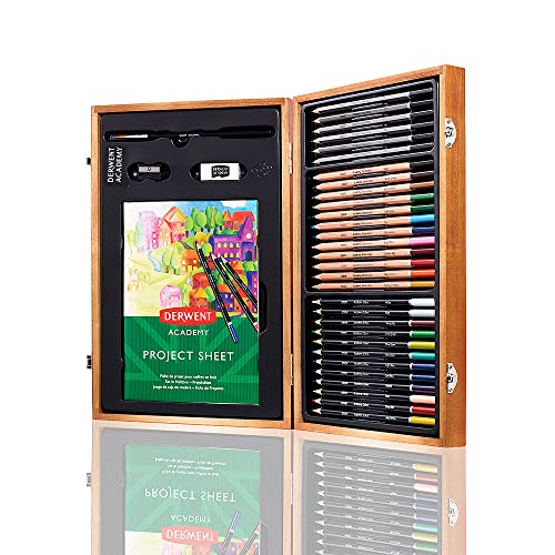 Derwent Academy Wooden Gift Box, Complete 35 Piece Art Set with Colouring Pencils, Pastels & Accessories, Ideal Collection for Drawing, Sketching & Crafts, Premium Hobbyist Quality Kit, 2300147