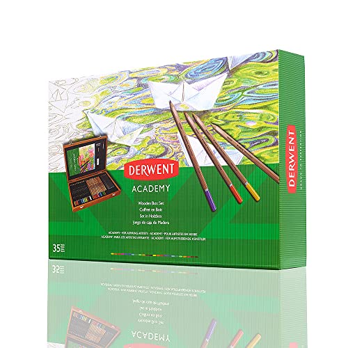 Derwent Academy Wooden Gift Box, Complete 35 Piece Art Set with Colouring Pencils, Pastels & Accessories, Ideal Collection for Drawing, Sketching & Crafts, Premium Hobbyist Quality Kit, 2300147