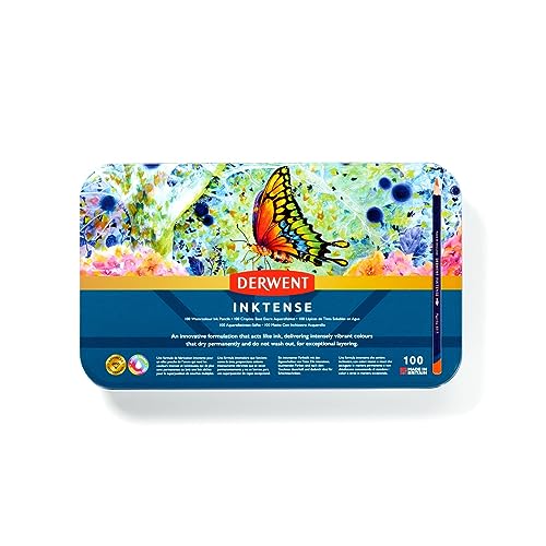 Derwent Inktense Pencils Art Set, 100 Permanent Watercolour Pencils Set in Tin, Premium Coloured Pencils for Adults, Water-Soluble Indelible Pencil Collection, 4mm Core, Professional Quality (2306130)