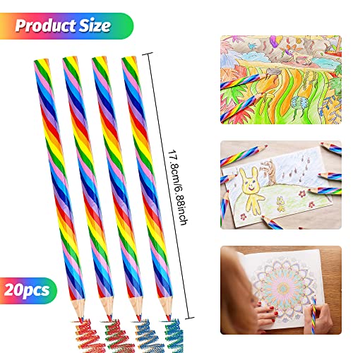 CAEEKER Rainbow Coloured Pencils, 20 PCS 4 in 1 Colour Pencils Wooden Colouring Pencils, Novelty Pencils for Kids Adults, Multicoloured Pencil for School Drawing Colouring Sketching (Pre-sharpened)