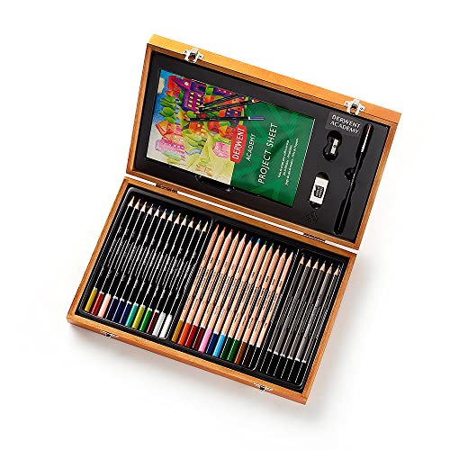 Derwent Academy Wooden Gift Box, Complete 35 Piece Art Set with Colouring Pencils, Pastels & Accessories, Ideal Collection for Drawing, Sketching & Crafts, Premium Hobbyist Quality Kit, 2300147