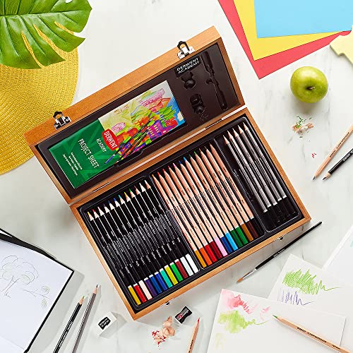 Derwent Academy Wooden Gift Box, Complete 35 Piece Art Set with Colouring Pencils, Pastels & Accessories, Ideal Collection for Drawing, Sketching & Crafts, Premium Hobbyist Quality Kit, 2300147