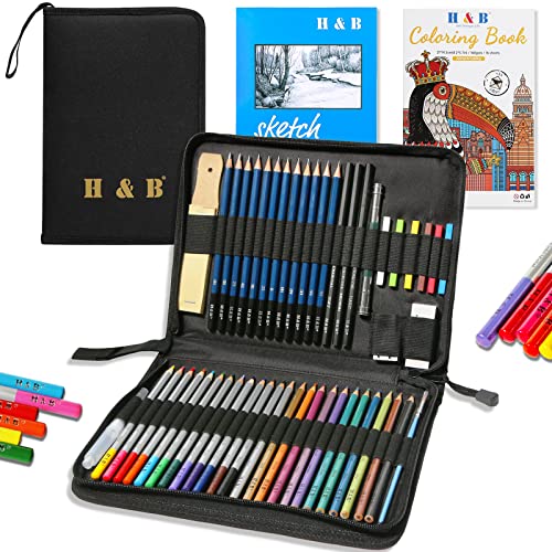 H & B Coloured Pencil,Artist Colouring Pencil,Professional Drawing Pencil Set for Children,Artists Adult,Painter Ideal for Sketching Kids (51 colorful pencils with sketch pad and book)