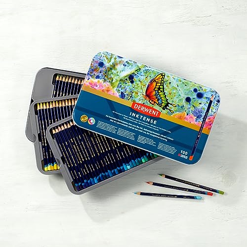 Derwent Inktense Pencils Art Set, 100 Permanent Watercolour Pencils Set in Tin, Premium Coloured Pencils for Adults, Water-Soluble Indelible Pencil Collection, 4mm Core, Professional Quality (2306130)
