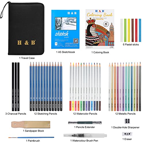 H & B Coloured Pencil,Artist Colouring Pencil,Professional Drawing Pencil Set for Children,Artists Adult,Painter Ideal for Sketching Kids (51 colorful pencils with sketch pad and book)