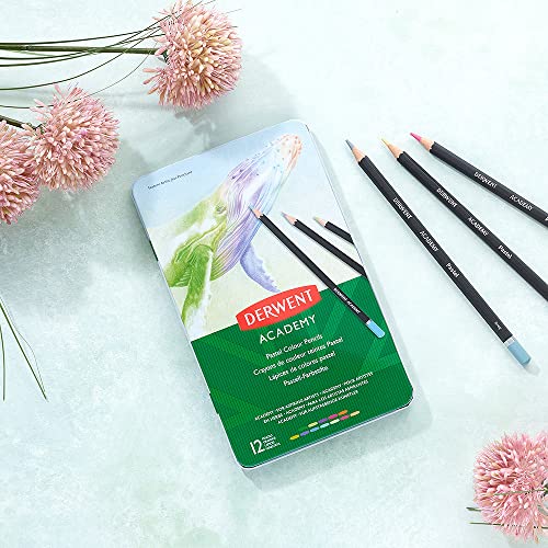 Derwent Academy Pastel Colour Pencils, Set of 12 in Tin, For Aspiring Artists, Ideal for Colouring & Drawing, Premium Quality, 2306022, Black