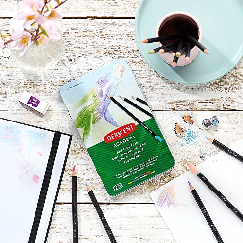 Derwent Academy Pastel Colour Pencils, Set of 12 in Tin, For Aspiring Artists, Ideal for Colouring & Drawing, Premium Quality, 2306022, Black