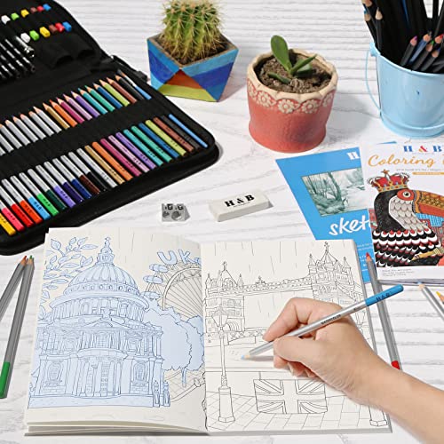H & B Coloured Pencil,Artist Colouring Pencil,Professional Drawing Pencil Set for Children,Artists Adult,Painter Ideal for Sketching Kids (51 colorful pencils with sketch pad and book)