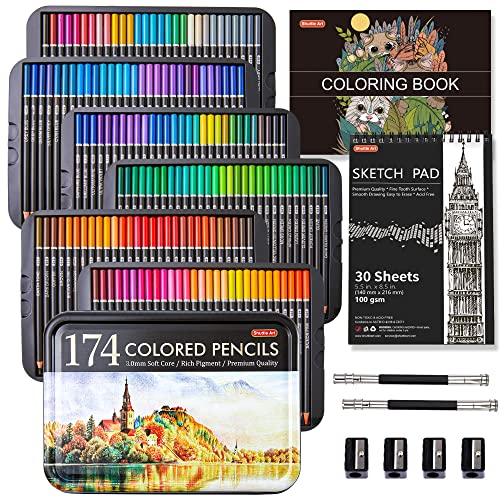 174 Colours Professional Colouring Pencils, Shuttle Art Soft Core Coloured Pencils Set with 1 Colouring Book,1 Sketch Pad, 4 Sharpener, 2 Pencil Extender, Artists Kids Adults Colouring, Drawing
