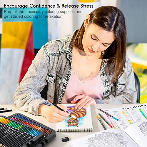 174 Colours Professional Colouring Pencils, Shuttle Art Soft Core Coloured Pencils Set with 1 Colouring Book,1 Sketch Pad, 4 Sharpener, 2 Pencil Extender, Artists Kids Adults Colouring, Drawing
