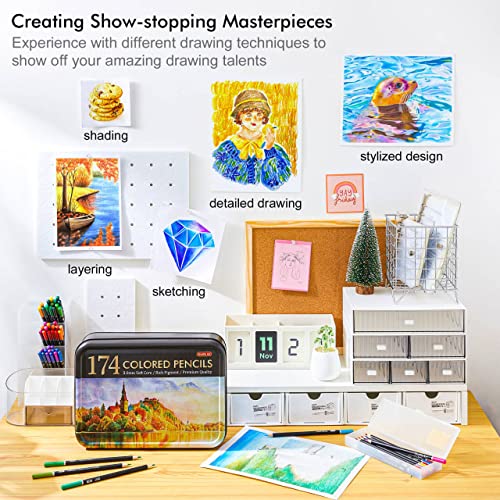 174 Colours Professional Colouring Pencils, Shuttle Art Soft Core Coloured Pencils Set with 1 Colouring Book,1 Sketch Pad, 4 Sharpener, 2 Pencil Extender, Artists Kids Adults Colouring, Drawing