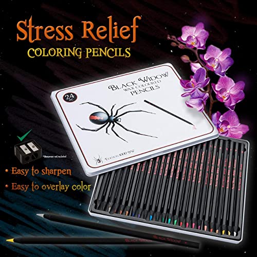Black Widow Coloured Pencils For Adults - 24 Colouring Pencils - Smooth Pigments Colour Pencil Set - Best For Adult Colouring Pencil Drawing