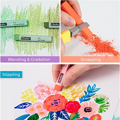Soft Pastel Set 72 Colours: Ohuhu Chalk Pastels Including 4 Fluorescent Effects & 6 Pastel Paper - Excellent Drawing Painting Blending Layering Shading Non Toxic for Artists Students Beginners