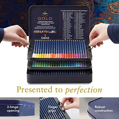 Castle Art Supplies Gold Standard 72 Colouring Pencils Set | Quality Oil-based Coloured Cores Stay Sharper, Tougher Against Breakage | For Adult Artists, Colourists | In Presentation Tin Box