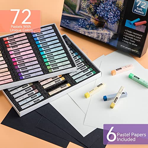 Soft Pastel Set 72 Colours: Ohuhu Chalk Pastels Including 4 Fluorescent Effects & 6 Pastel Paper - Excellent Drawing Painting Blending Layering Shading Non Toxic for Artists Students Beginners