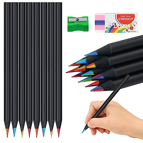 AUAUY 12pcs 7 in 1 Colored Pencils, Rainbow Pencil for Kids and Students, Black Wood Pencil Set for Coloring Books, Drawing Sketching, Coloring Pencils with Eraser and Sharpener, Art Supplies