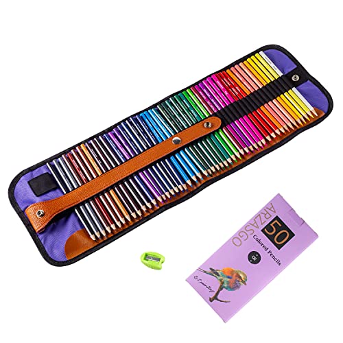 ARZASGO 50 Colouring Pencil Set, Artist Coloured Pencils for Adult Colouring Books, Artist Sketch, Premier Drawing Pencils with Canvas Roll-up Pouch Bag and Pencil Sharpener