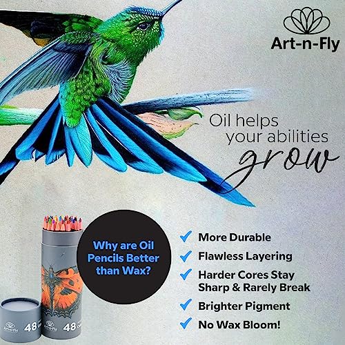 Art-n-Fly 48 Oil Pastel Pencils for Artists - Oil Based Coloured Pencils - Drawing, Sketching and Adult Colouring - Soft Core Art Colouring Pencils Set with Skin Tone