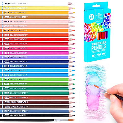 STATIONERY ISLAND Water Coloured Pencils 24 Colours for Artists Colouring Watercolour Pencil Set Water-Soluble with Paintbrush for School Kids Adults Art Drawing and Painting