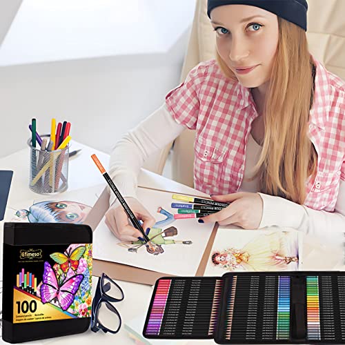 Efimeso 100 Colouring Pencils, Professional Coloured Pencils with Black Zipper Case,Colouring Pencils Set Ideal for Adults Kids Artists Drawing Sketching Colouring
