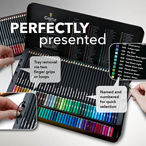 Castle Art Supplies 120 Colouring Pencils Set | Quality Soft Core Coloured Leads for Adult Artists, Professionals and Colourists | Protected and Organised in Presentation Tin Box