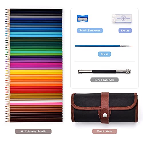 TOYESS 48 Professional Colouring Pencils Set with Portable Canvas Pencil Wrap Case, Wood-Free Coloured Pencils with Roll Up Canvas Pouch Package for Adults Colouring Books and Children Sketching