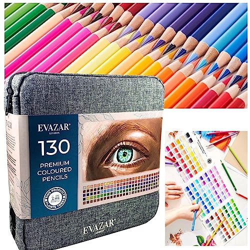 EVAZAR London colouring pencils, 130 coloured pencils in sturdy portable case. Quality soft core, rich pigments & vibrant colours for artistic colouring, sketching & drawing