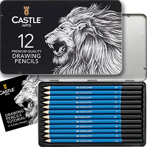 Castle Art Supplies 12 Piece Graphite Drawing Pencils Set | For Adult Artists – Beginners and Advanced | Presented in Attractive, Compact, Sturdy Metal Case With Tutorial