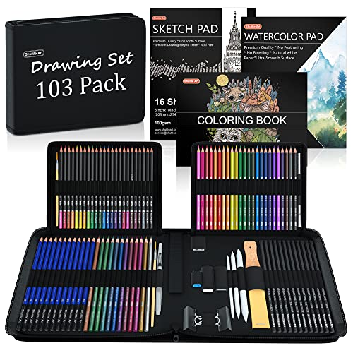 124 Pack Sketching and Drawing Pencils Set, Shuttle Art Sketch Art Pencil Set with 4 Drawing Pads, Graphite Pencils in Zipper Case, Colouring Pencils for Artist Sketching, Art Set for Adults, Beginner