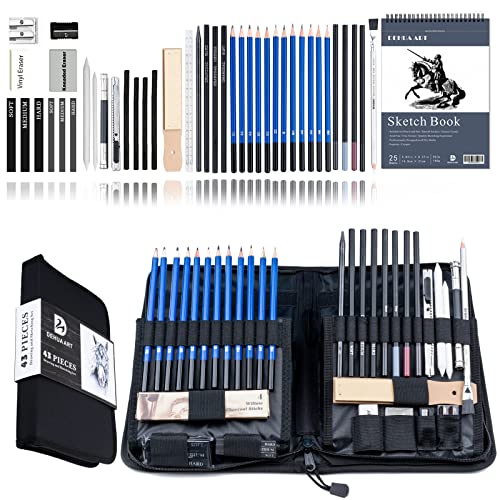 DEHUA ART 43 Pieces Drawing Pencil Set and Sketching Kit with Portable Zipper Case Complete Sketch Supplies for Beginners Kids Professional Artists