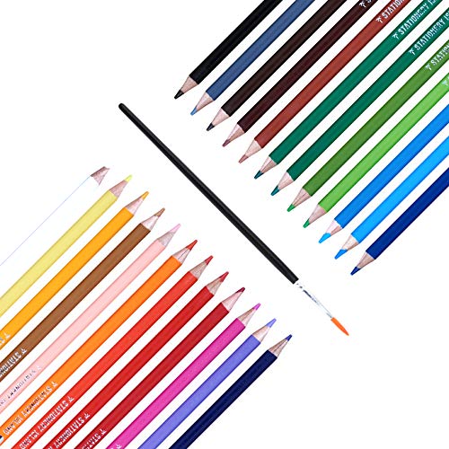 STATIONERY ISLAND Water Coloured Pencils 24 Colours for Artists Colouring Watercolour Pencil Set Water-Soluble with Paintbrush for School Kids Adults Art Drawing and Painting