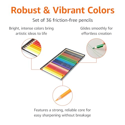 Amazon Basics Coloured Pencils in Tin Box, Pack of 36 - Assorted Colours